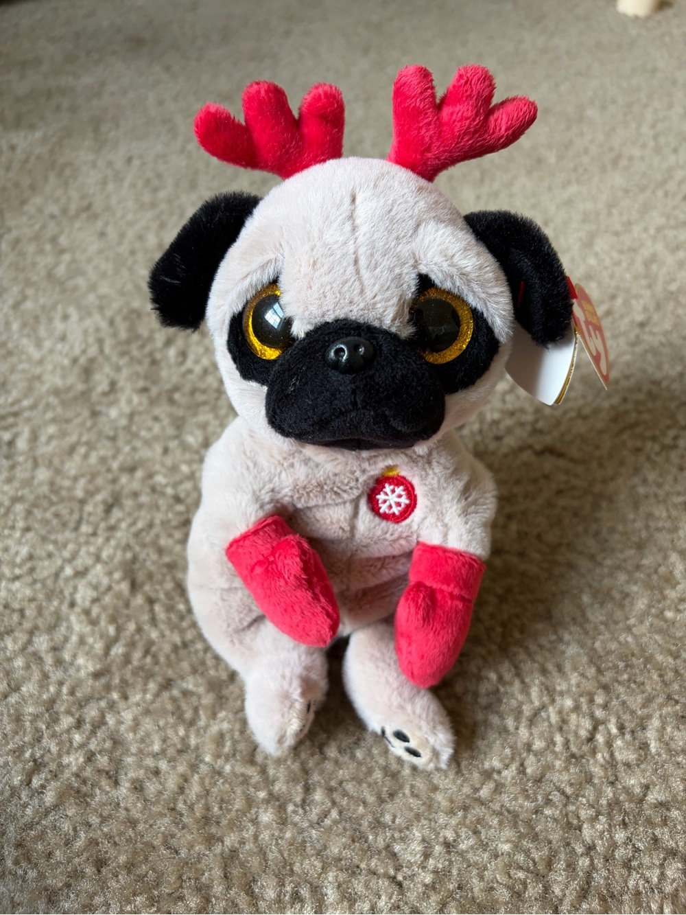 Ty Plush Pug with Red Antlers & Red Mittens